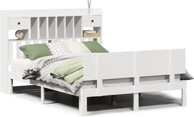 vidaXL Massivholzbett aus Kiefer mit Kopfteil und Regal in Weiß, B/T/H: 150 x 200 cm - Bild 1