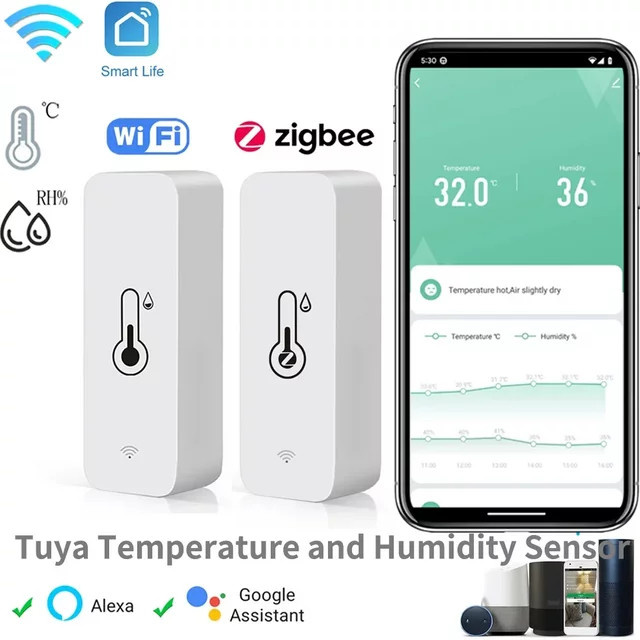 Tuya Zigbee WiFi Temperatur und Feuchtigkeit Sensor in Weiß für Smart Home mit App Remote Monitor und Kompatibilität mit Alexa und Google Assistent - Bild 1