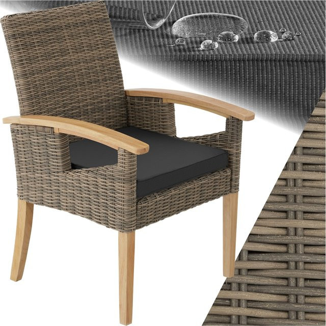 tectake Rattan Stuhl mit Holzgestell und Sitzpolstern in Braun, wetterfest und UV-beständig, B/T/H: 62,5 x 71,5 x 94 cm - Bild 1