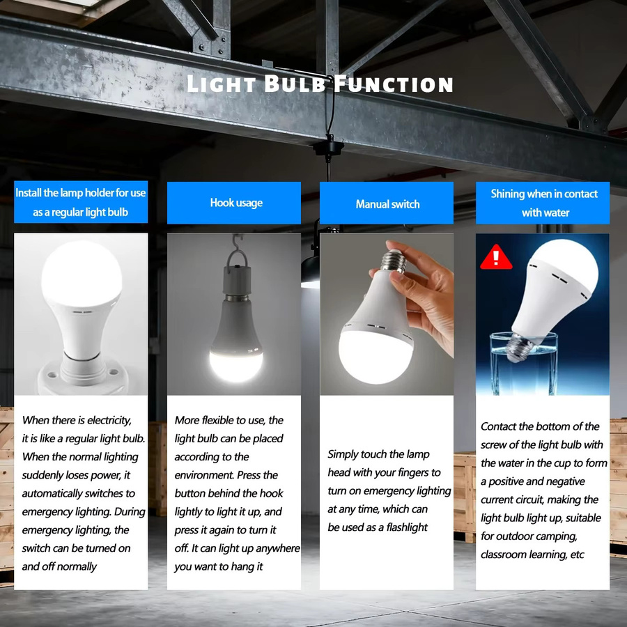 A80 E27 LED Notfall-Glühbirne mit 1500 mAh Akku, weißes Licht, wiederaufladbar für Zuhause und Outdoor - Bild 3