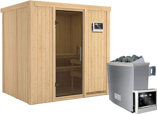 Karibu Sauna BODIN aus Fichte und Espe mit 9,0 kW Ofen, externem Steuergerät und Ganzglastür in Graphit, B/T/H: 196 x 151 x 198 cm - Bild 1