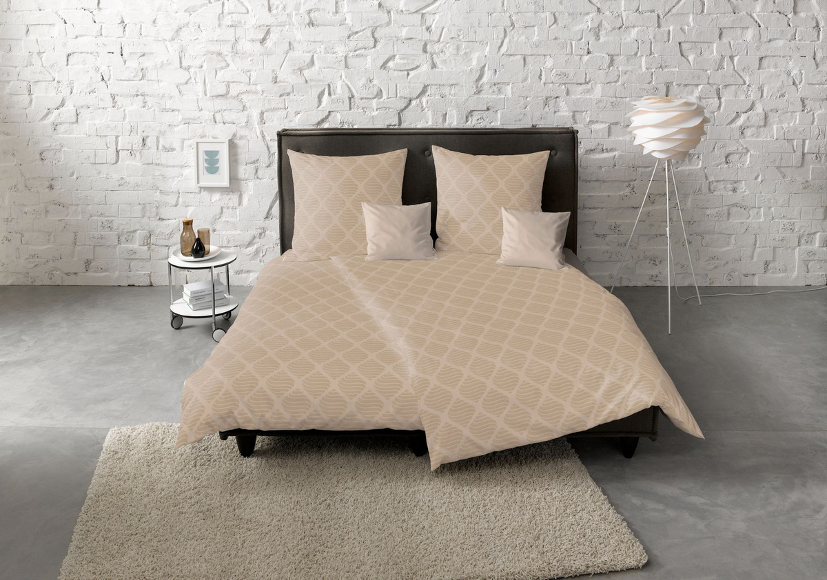 Fleuresse Jacquard Bettwäsche Set beige mit Muschel- und Rautenmuster, B/H: 155 x 220 cm und 80 x 80 cm - Bild 1