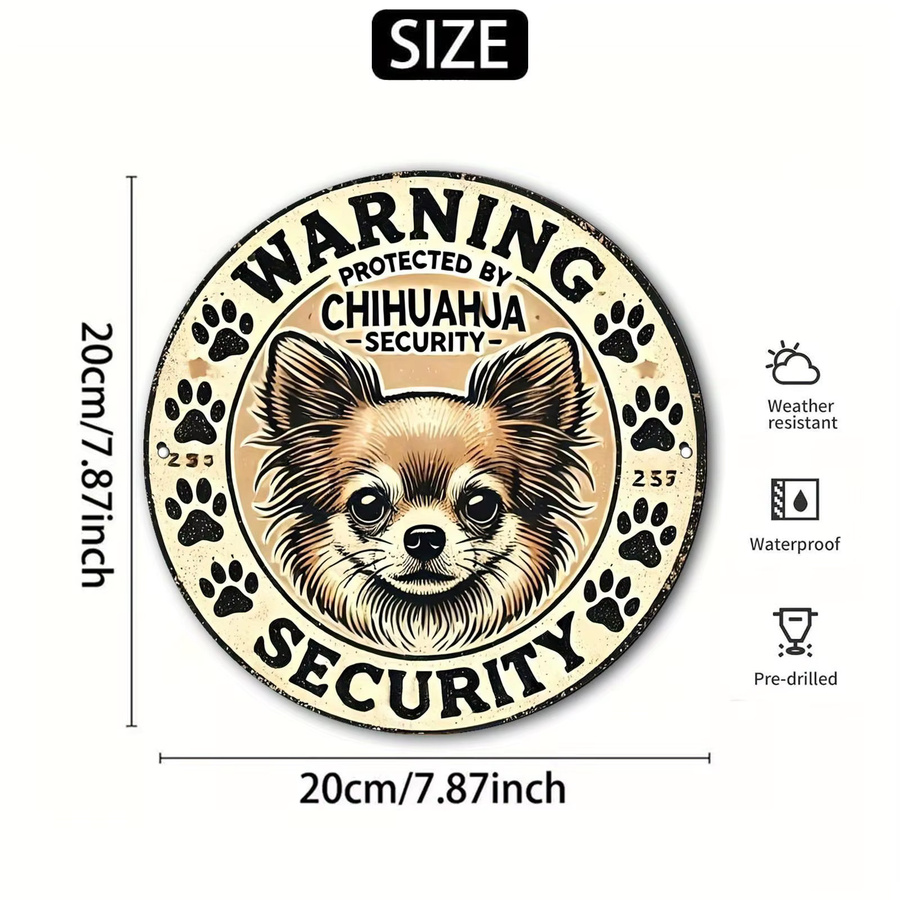 Rundes Metallschild Potdemiel mit Warning Protected by Chihuahua Security Aufschrift in Vintage-Optik, Durchmesser: 20 cm - Bild 6