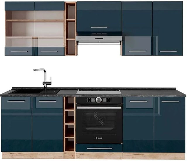 Vicco Küchenzeile Fame-Line Eiche Dunkelblau Hochglanz mit Arbeitsplatte Anthrazit Breite: 235 cm - Bild 2