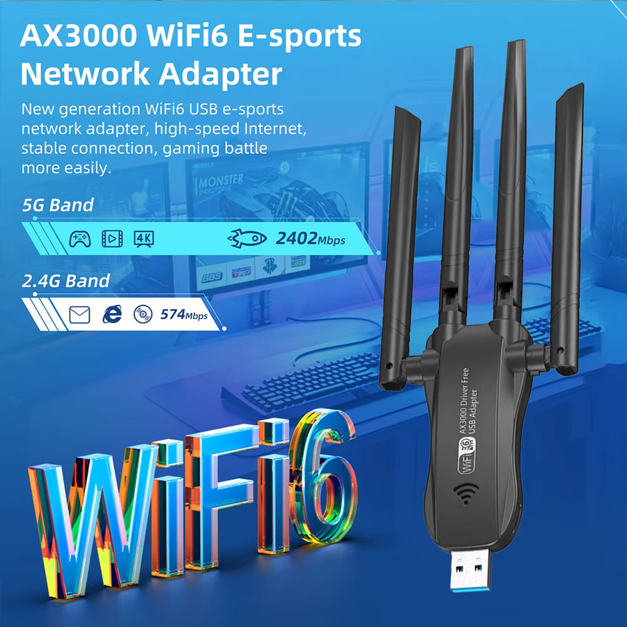 Kebidu WiFi 6 AX3000 USB-Adapter Dual-Band 2,4G/5G Drahtloser Netzwerkempfänger in Schwarz für Windows 10/11 - Bild 2
