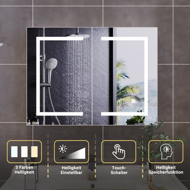 Comanlai Badezimmerspiegelschrank in Weiß mit LED-Beleuchtung und Touch-Sensor, Wandschrank mit 2 Türen und Regal, B/H/T: 80 x 60 x 13,5 cm - Bild 1