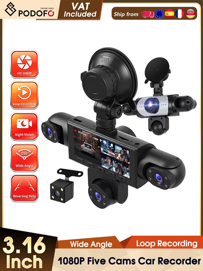 Podofo Dashcam mit 1080P Full HD, 360-Grad-Linsen, Nachtsicht und Einparkhilfe, Schwarz, inklusive 64GB Speicherkarte - Bild 8