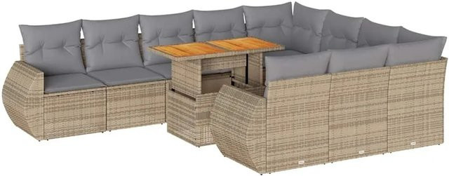 vidaXL 11-teilige Garten-Sofagarnitur in L-Form aus Poly-Rattan und Akazienholz mit Kissen in Beige-Grau - Bild 1