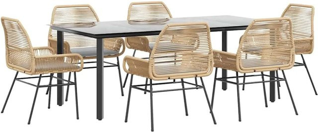 vidaXL 7-teilige Garten-Essgruppe aus Poly Rattan mit Kissen und Glastisch in Braun - Bild 1