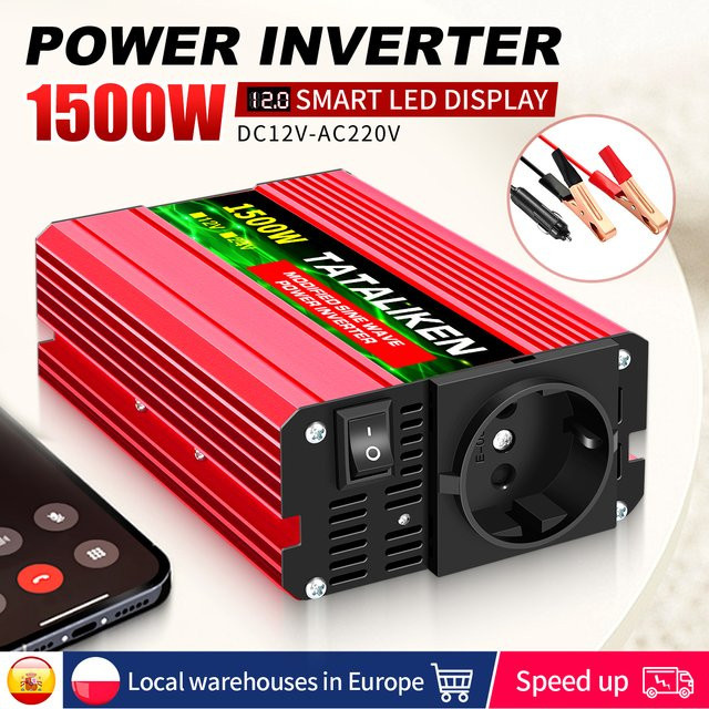 TATALIKEN Smart DC 12V zu AC 220V 50Hz Power Inverter mit modifizierter Sinuswelle und LCD-Bildschirm in Rot, 500W-4000W - Bild 1