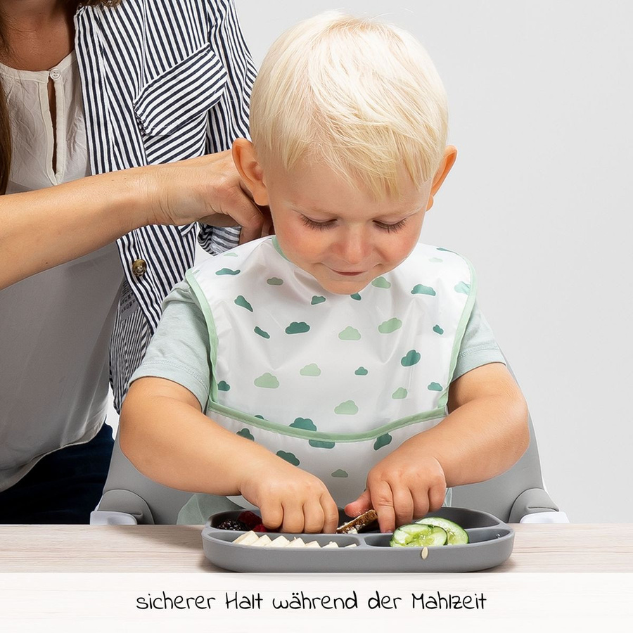 MiaMia 7-tlg. Ess-Set aus Silikon mit 5 Klettlätzchen und 2 Esslern-Tellern in Grün/Grau, BPA-frei und wiederverwendbar - Bild 2