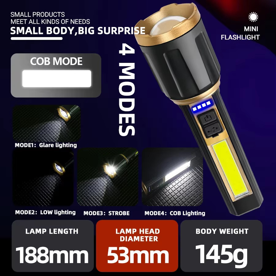 Heinast Taktische LED-Taschenlampe in Schwarz, USB wiederaufladbar mit Teleskop-Zoom und großer Reichweite - Bild 3