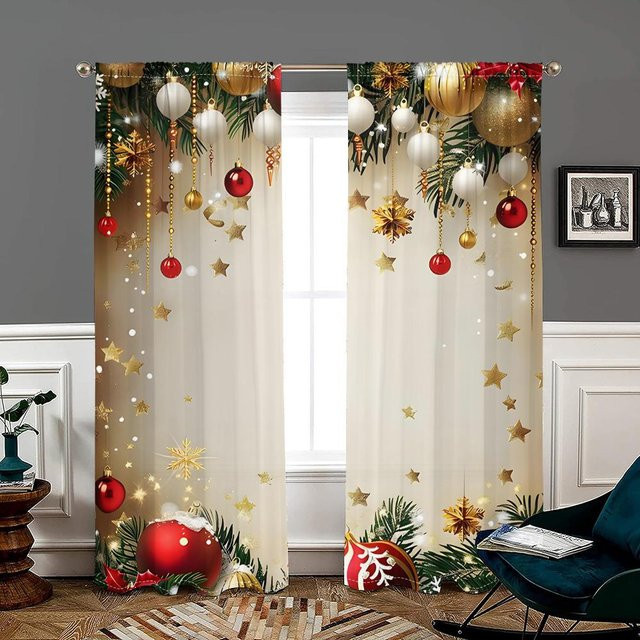 2er-Set Christbaumzweig Kugelvorhänge mit 30% Verdunkelung, Weiß und Mehrfarbig, B: 150 cm, H: 166 cm - Bild 1