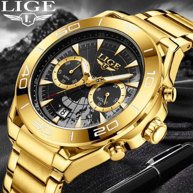 LIGE Armbanduhr Quarz, Edelstahl, Schwarz, Gold, Herren - Bild 1
