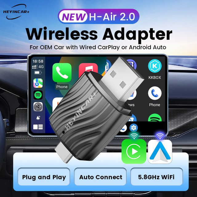 HEYINCAR 2-in-1 Smart Mini-Adapter Schwarz: Kabellose CarPlay-Box und Android Auto Dongle mit WiFi 5.8G und Bluetooth für OEM-Autos - Bild 1