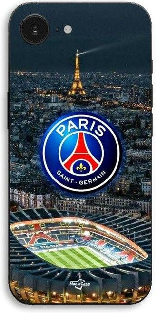 MANIACASE iPhone 17e Hülle mit PSG Logo und Eiffelturm Stadion Nacht Design in Schwarz und Multicolour - Bild 1