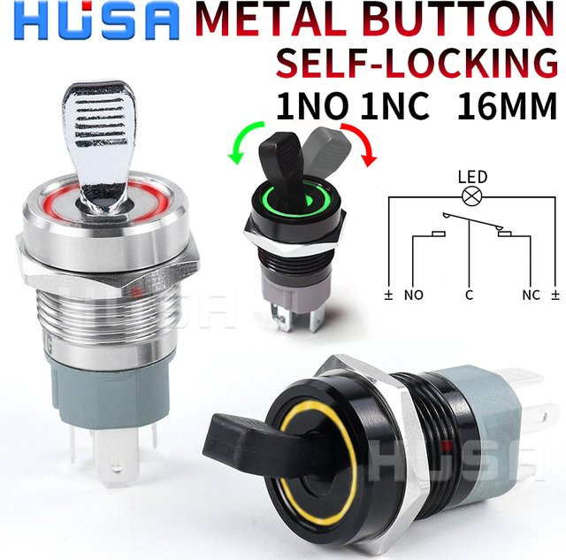 HUSA Metall-Kippschalter mit LED-Beleuchtung, wasserdichter Druckknopf, 2 Positionen, 1 Schließer, 1 Öffner, Farbe: Weiß, 16 mm - Bild 1