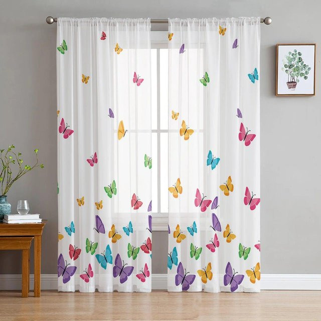 Transparenter Tüllvorhang mit Löwenzahn- und Schmetterlings-Motiv von A Family Of Home Textiles, Weiß, B: 135 cm, H: 160 cm - Bild 1