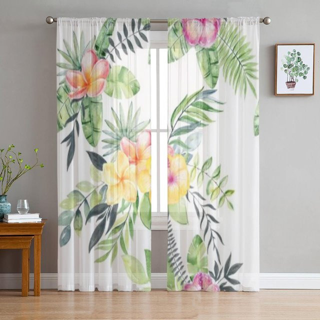 Super Six Transparente Tüllvorhänge mit Aquarellblumen in Weiß, B: 135 cm, H: 114 cm - Bild 1