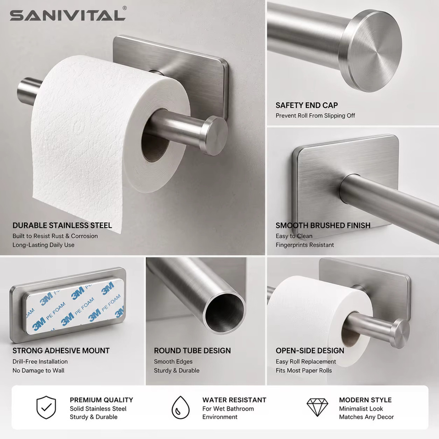 SANIVITAL Toilettenpapierhalter aus Edelstahl in Silber, selbstklebend oder wandmontiert, rostbeständig - Bild 4