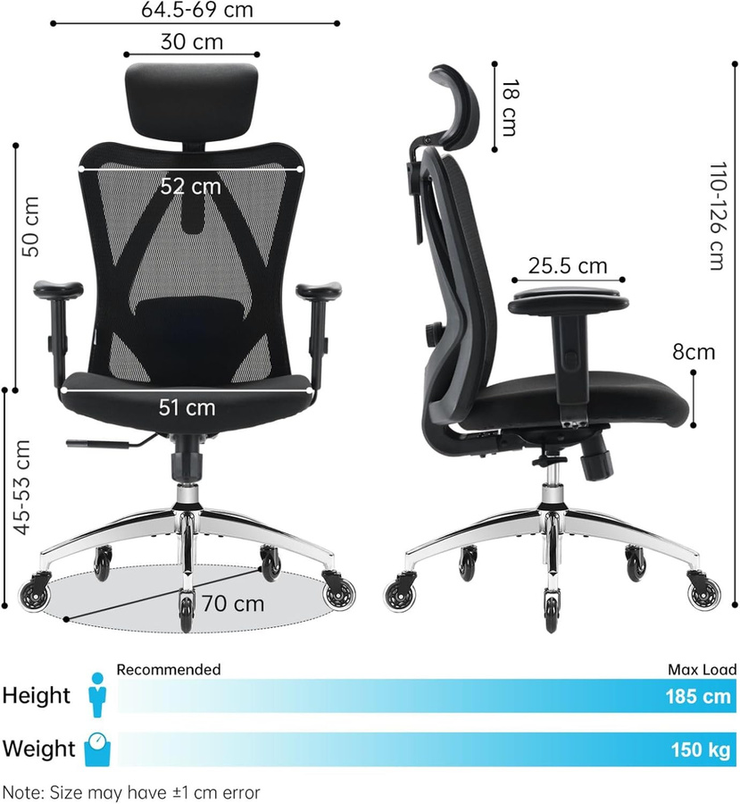 SIHOO M18 Ergonomischer Bürostuhl mit dreifacher Lendenwirbelstütze, Netzgewebe und Rollen in Schwarz - Bild 5