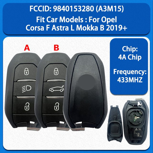 Original 3-Tasten Smart-Fernbedienungsschlüssel für Opel Corsa F, Astra L und Mokka B ab 2019, 433MHz mit 4A Chip, Schwarz - Bild 1