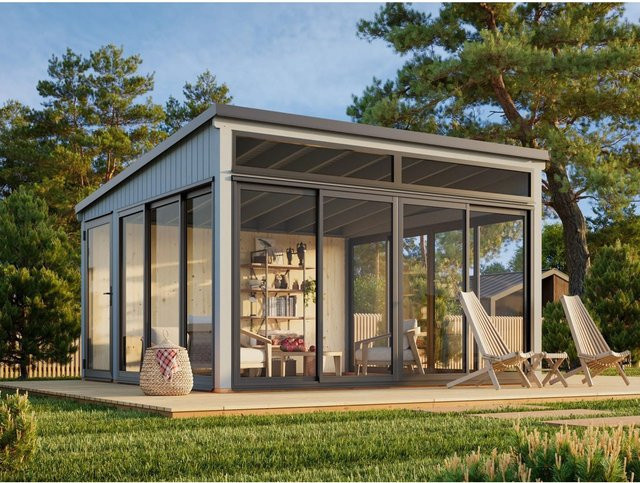 Palmako Holz-Gartenhaus Saga Slide Plus mit Pultdach in Grau, B/T: 420 x 420 cm - Bild 1