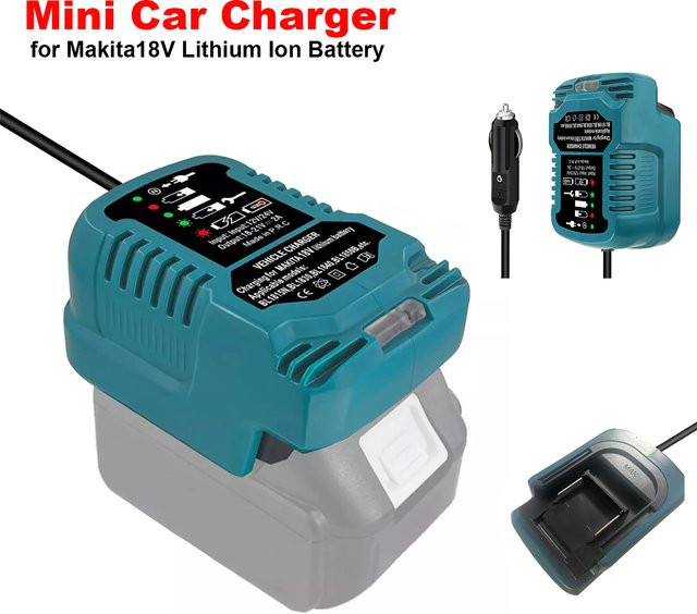 Makita Mini Compact Auto Ladegerät für 18V LXT Li-Ion Akkus BL1860 BL1830 mit Zigarettenanzünder Stecker und LED in Blau - Bild 1