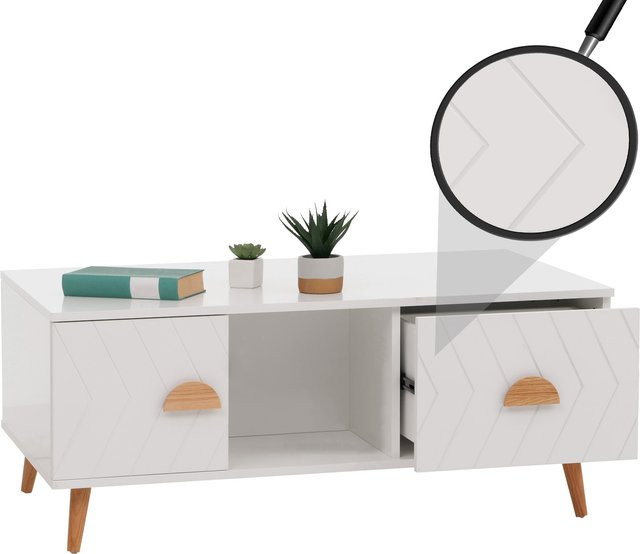 Couchtisch MCW-N89 in Weiß mit Fischgrätenmuster, Schubladen und Fächern, B/T/H: 103 x 42 x 60 cm - Bild 1