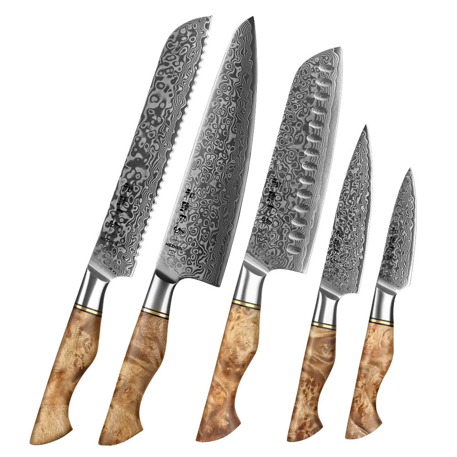HEZHEN Damaststahl Messer Set in Silber, professionelle Kochmesser für Fleisch, Brot und Gemüse - Bild 3