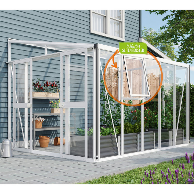 Vitavia Anlehn-Gewächshaus Athena 8600 Weiß mit 8,6 m² Fläche, Pultdach und Sicherheitsglas - Bild 4
