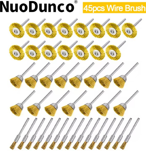 NuoDunco 45-teiliges Messingbürsten-Set mit Stahldraht in T-, Schüssel- und Stiftform, 3mm Schaft, Polierwerkzeug für Dremel und Rotationswerkzeuge zur Metallrostentfernung - Bild 1