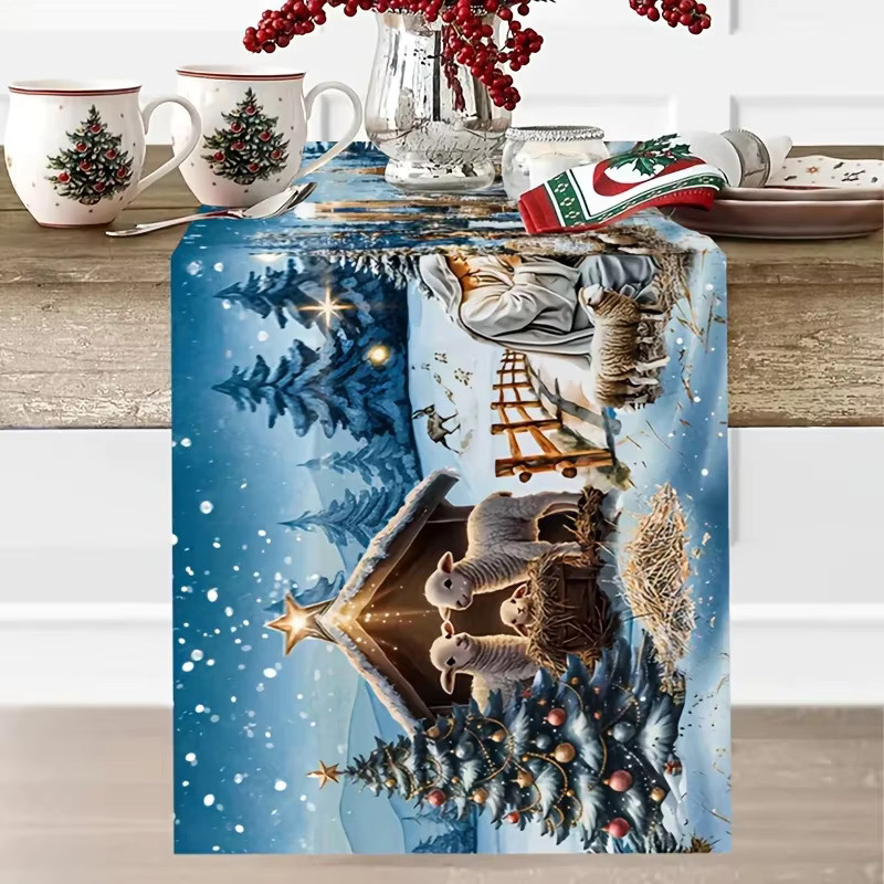 Tischläufer-Set aus Leinen mit Winter Christian Prayer Town Motiv in Blau - Bild 3