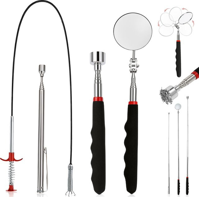 4-teiliges Hands DIY Teleskop-Magnet-Set mit Inspektionsspiegel in Silber zum Aufsammeln von Schrauben, Muttern und Metallteilen - Bild 1