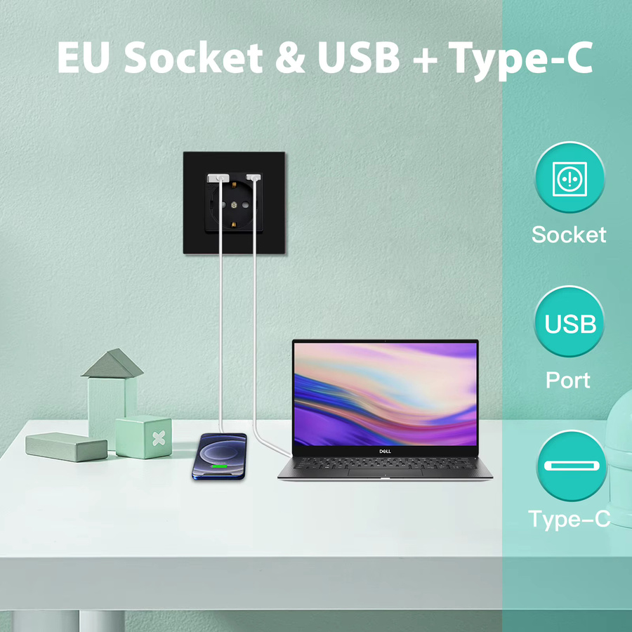 BSEED Wandsteckdose mit Glasrahmen und USB-C Anschluss, Einzelsteckdose Typ C, 16 A, EU-Standard - Bild 2