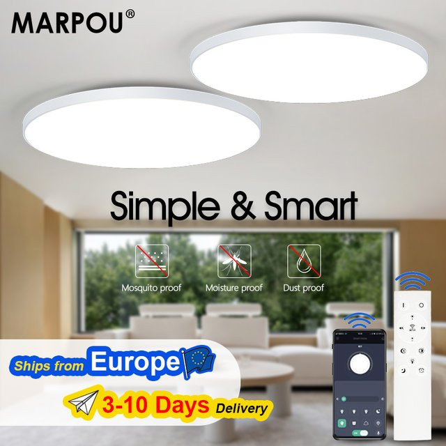 MARPOU Intelligente LED Deckenleuchte in Weiß, 80 W, dimmbar mit App- und Fernbedienung, moderne runde Deckenlampe für Wohnzimmer und Badezimmer - Bild 1