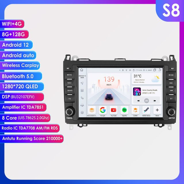 OSSURET Android Auto Autoradio mit 8 Zoll Display, GPS und 4G für Mercedes-Benz B200 W169 W245 W639 A200 A150, Multimedia-Player mit CarPlay, Schwarz - Bild 1