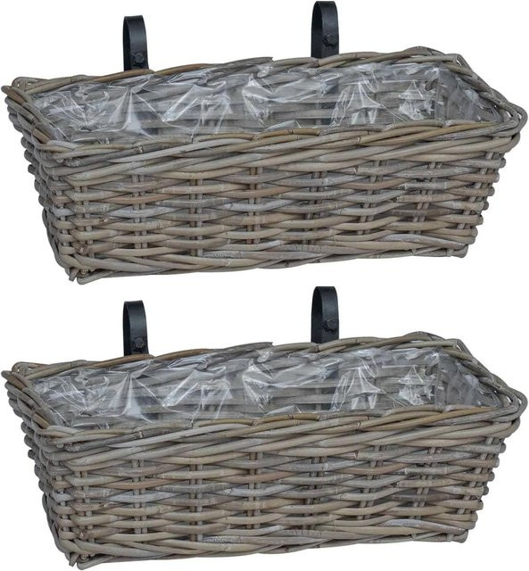 vidaXL Hängender Blumentopf Korb 2-teilig in Grau aus Rattan und Kunststoff, B/T/H: 48 x 22 x 15 cm - Bild 1