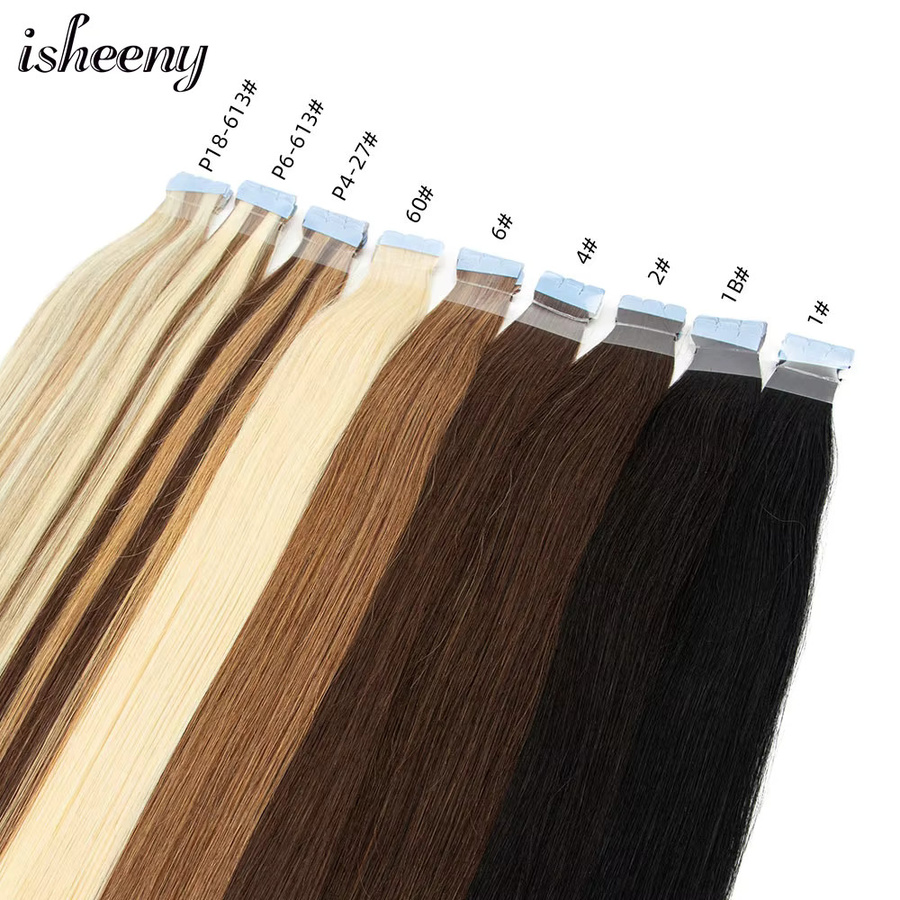isheeny Mini Tape Haarverlängerungen Remy Echthaar, 30-60 cm, Schwarz Braun Blond - Bild 2