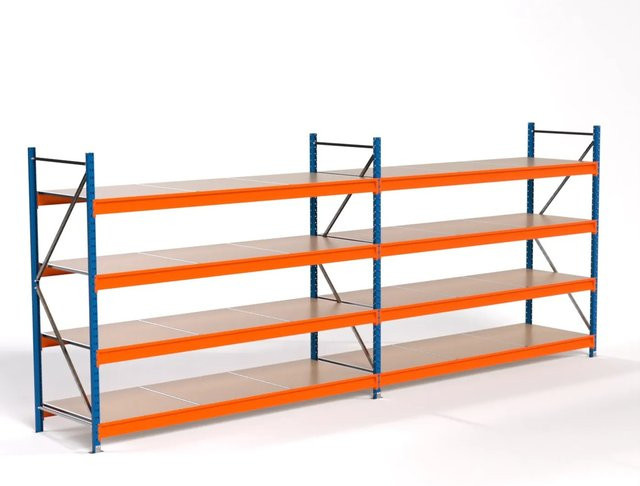 PROREGAL Industrie Weitspannregal MAXIMUS PRO Lagerregal mit 2 Feldern und 4 Spanplatten-Fachböden, Blau/Orange, H: 200 cm, B: 500 cm, T: 80 cm - Bild 1