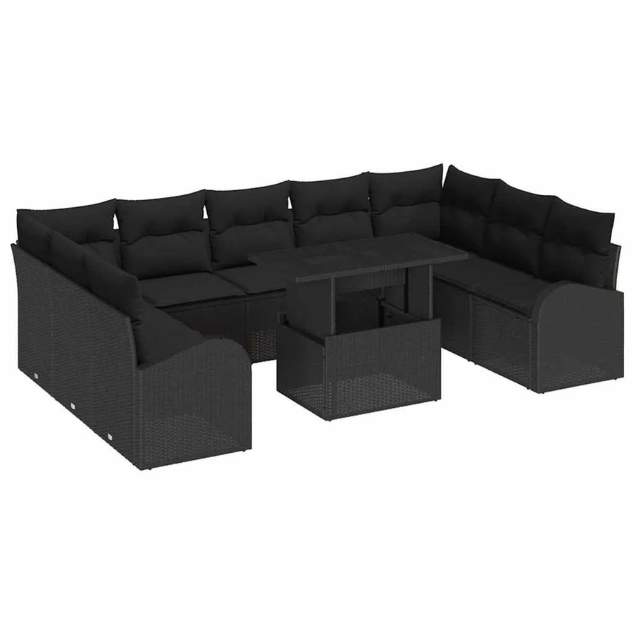 vidaXL 10-teiliges Gartenmöbel Set aus Poly-Rattan in Schwarz mit Kissen und Tisch im U-Shape Design - Bild 2