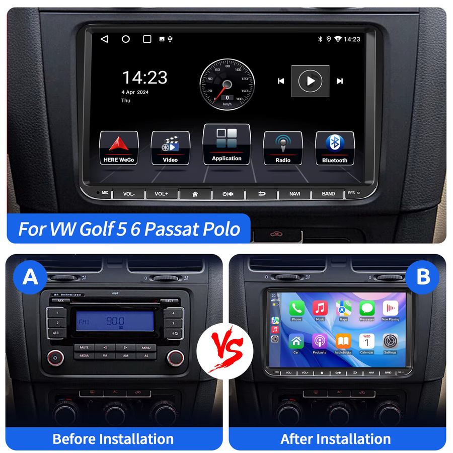 ESSGOO 9-Zoll Android 15 Autoradio mit 64G Speicher, Wireless Carplay, GPS und Bluetooth in Schwarz für VW Golf MK5, Passat, Polo, Touran, Caddy, EOS, Jetta sowie Seat und Skoda - Bild 2