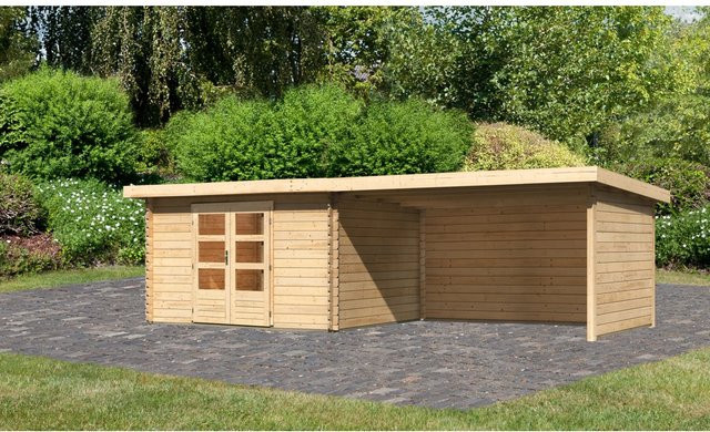 Karibu Holz-Gartenhaus Ängelholm in Natur mit Pultdach und moderner Blockbohlenbauweise, B: 340 cm, T: 280 cm, H: 222 cm - Bild 1
