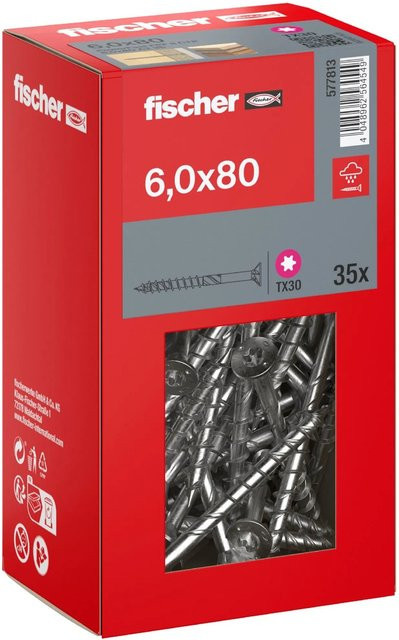 Fischer PowerFast II A2 Senkkopf Schraube mit Torx Teilgewinde aus Edelstahl in Silber, Durchmesser: 6 mm, Länge: 80 mm, 35 Stück - Bild 1