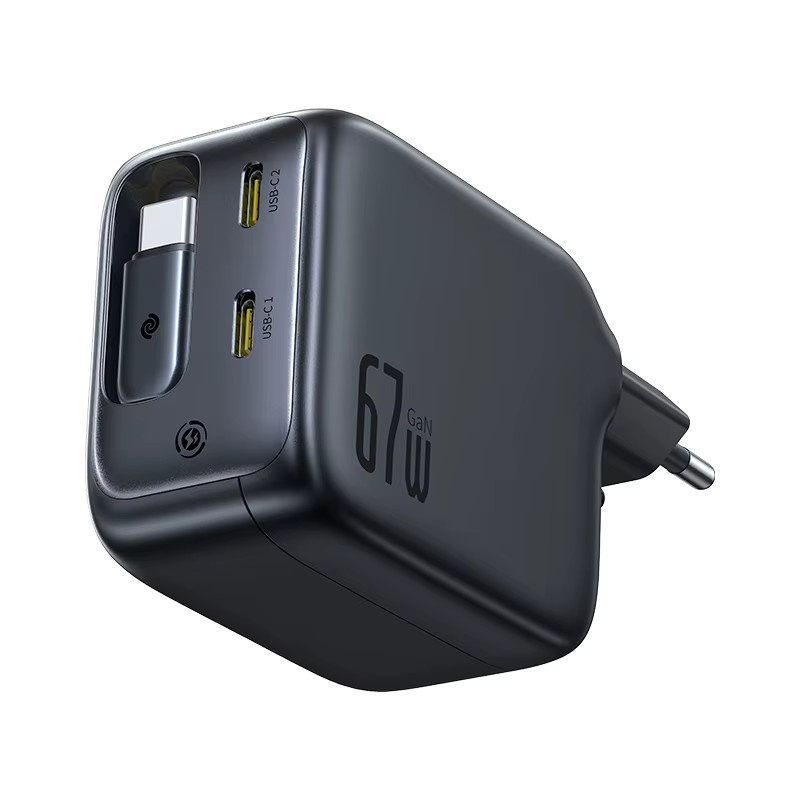 Baseus GaN Schnellladegerät mit USB-C und einziehbarem Kabel, 67W oder 100W, Schwarz - Bild 5