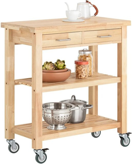 SoBuy Servierwagen aus Kautschukholz in Natur mit 2 Ablagen und Rollen, B/T/H: 80 x 40 x 90 cm - Bild 1