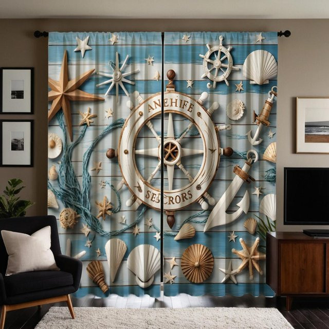 2er-Set Dekorative Vorhänge mit Meer und Muschel-Motiv in Blau und Grau, Digitaldruck, B: 132 cm, H: 160 cm - Bild 1