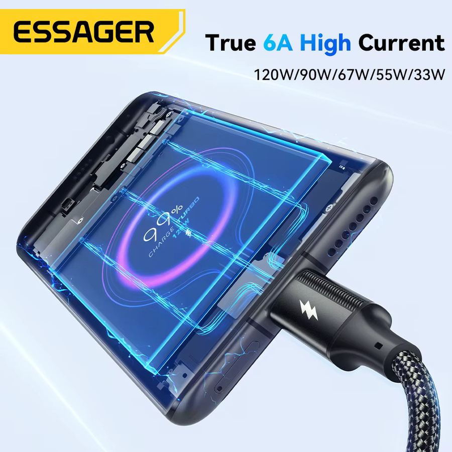 Essager USB Typ C Schnellladekabel 120W 6A Datenkabel in Schwarz - Bild 3
