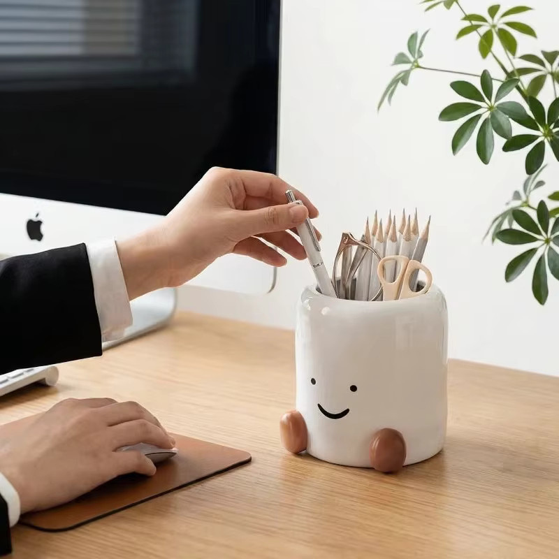 Multifunktionale Smiley-Gesicht Aufbewahrungsbox aus Keramik in Weiß für Besteck, Stäbchen oder Make-up-Pinsel - Bild 3