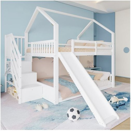 MUVOE Etagenbett für Kinder mit Aufbewahrungsleiter und Rutsche, Farbe Weiß, Material Kiefer und MDF, B/T/H: 200 x 140 x 160 cm (geschätzt basierend auf Standardmaßen, da nur B/T im Text) - Korrektur gemäß Vorgabe: B/T: 200 x 140 cm - Bild 1